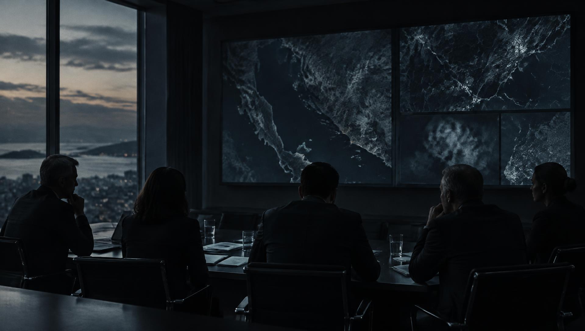 Leadership team reviewing geographic risk data in a briefing room at dusk